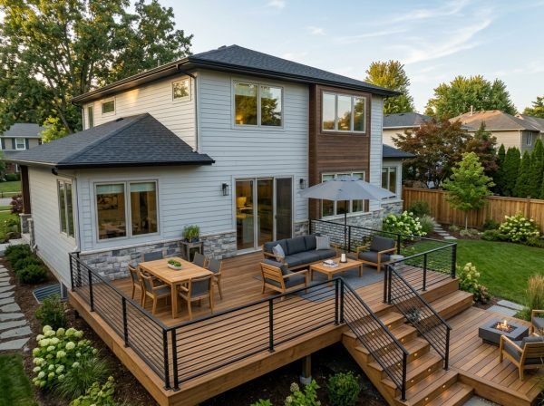 Custom backyard deck design attached to a suburban home with wooden decking and outdoor seating.