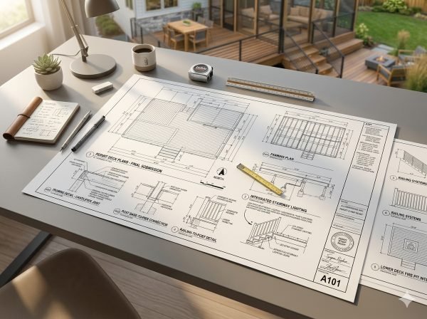 Deck construction drawings and permit-ready plans showing layout and structural details.