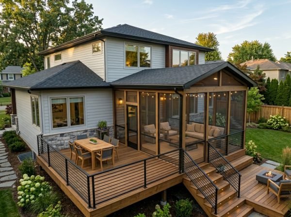 Screened porch design attached to a house with mesh enclosure and comfortable outdoor seating area.