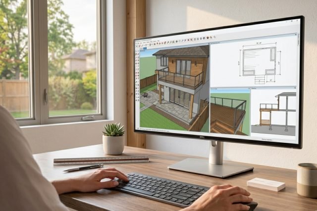 3D custom deck design displayed on computer with detailed layout and structure