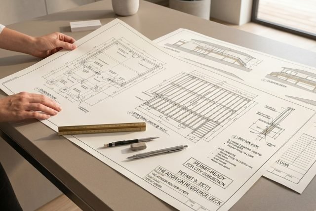 Permit-ready deck construction drawings with detailed blueprint plans on desk