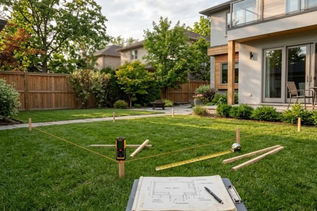Custom deck project planning with layout sketch and measurements in a backyard