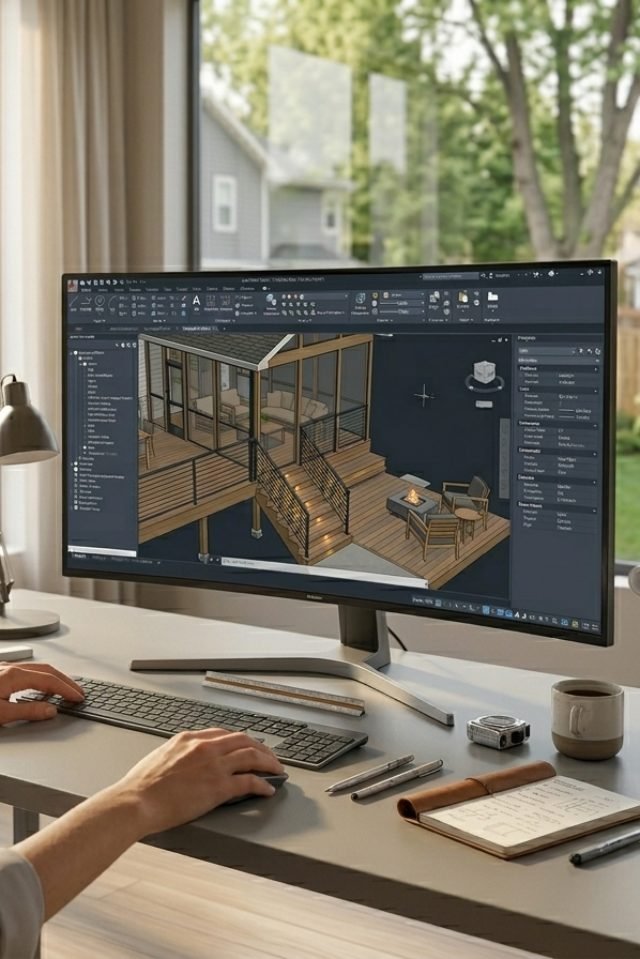 Custom deck design displayed on computer screen with architectural layout and construction details.