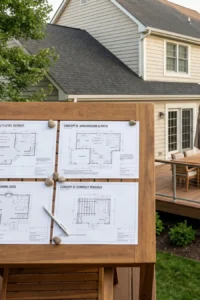 Backyard deck with layout plans showing design options for a residential project