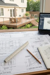 Detailed deck construction plans with dimensions and layout prepared before hiring a contractor