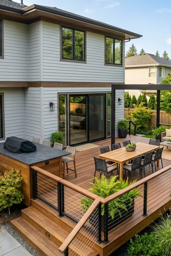 Modern custom wooden deck design attached to a residential home