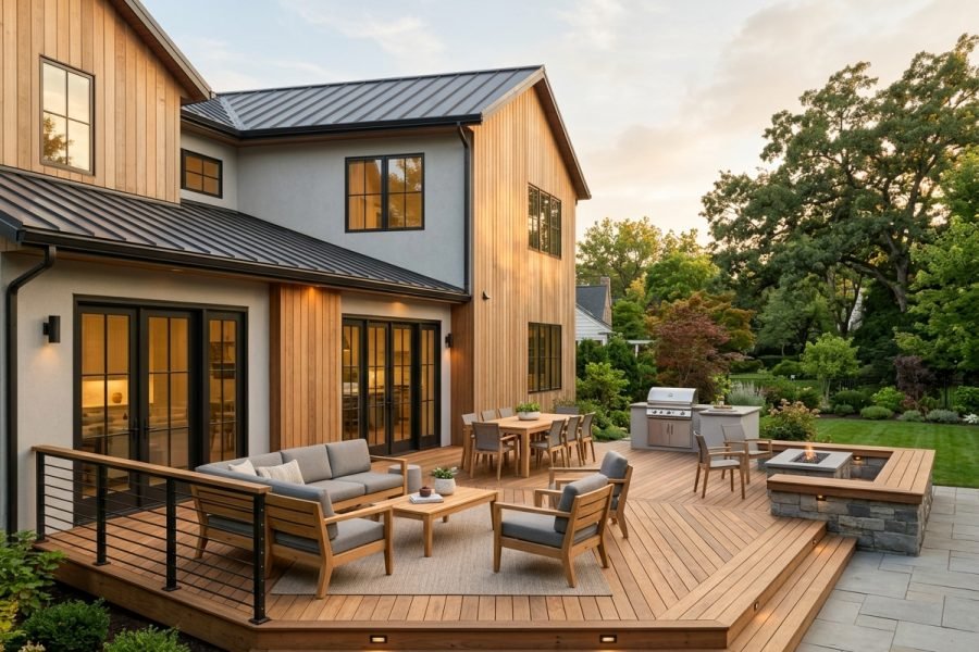 Custom wooden deck design attached to a house showing outdoor living space layout
