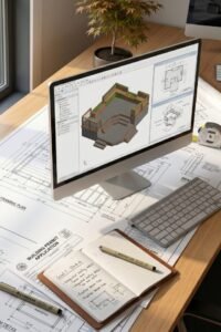 Custom deck project planning with digital layout and printed design plans on desk