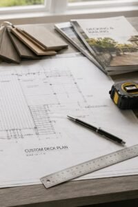 Deck design plans with calculator and measuring tools used for project cost planning