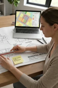 Homeowner reviewing deck permit requirements and local property plans before construction