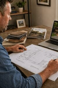 Homeowner reviewing custom deck plans and digital layout before comparing contractor quotes