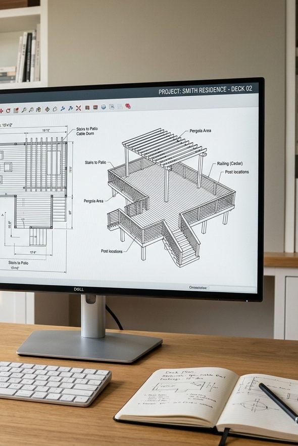 Computer showing custom deck design project ready to start online