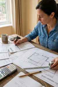 Homeowner comparing contractor estimates using professional deck layout plans