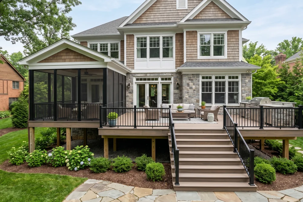 Luxury backyard deck and screened porch design project in Fairfax County Virginia