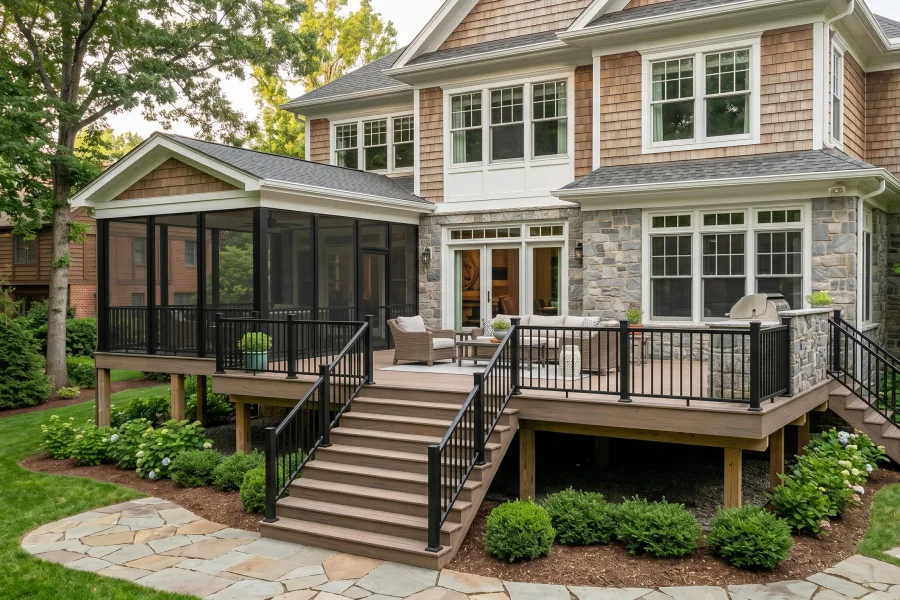 Modern backyard deck and screened porch project in Montgomery County MD