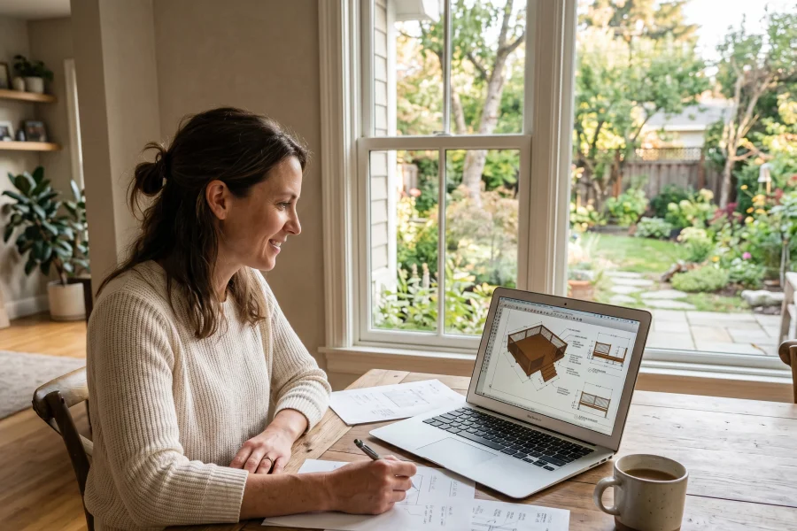 Homeowner reviewing professional deck design plans online before construction