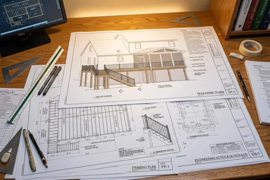Professional deck framing plans and permit-ready drawings for a Washington DC residential project