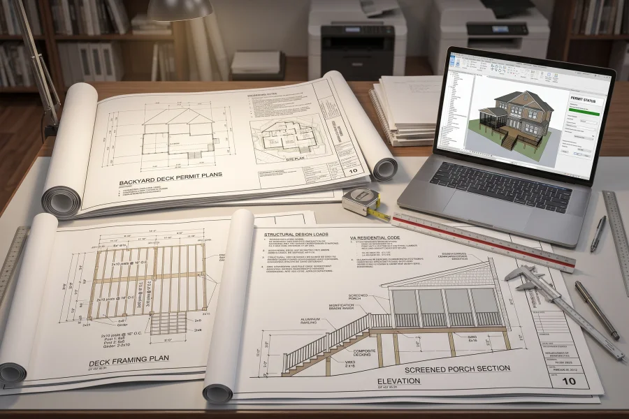 Professional deck permit drawings and framing plans prepared for a Fairfax County project