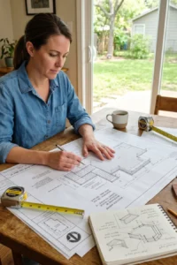 Homeowner reviewing deck layout plans for a small backyard project