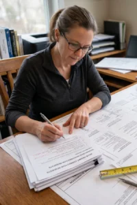 Homeowner reviewing permit corrections and updated deck construction plans