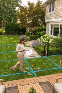 Homeowner visualizing deck size and traffic flow in backyard before building