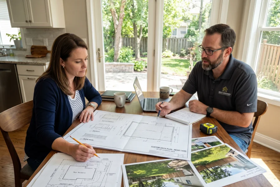Homeowner reviewing custom deck plans designed specifically for their backyard and home layout