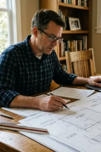 Homeowner reviewing deck permit plans before submitting a permit application