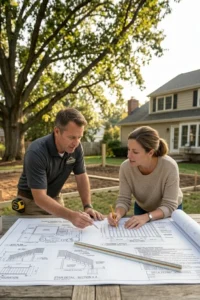 Contractor and homeowner discussing deck permit plans before construction