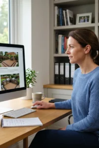 Homeowner exploring deck layout ideas online before starting a custom design