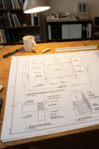 Permit-ready deck construction drawings including framing plans and structural details