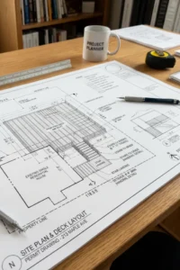 Detailed deck site plan and layout drawings prepared for permit approval